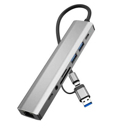2509 USB-C / USB Hub 9 in 1 Docking Station RJ45 USB3.0 USB2.0 USB-C2.0 3.5mm DC5V SD / TF Card Reader Adapter