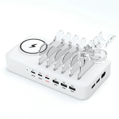 150W USB A + Type C 8 Ports Charger Hub GaN Fast Charging Station with 15W Wireless Charging - White / US Plug
