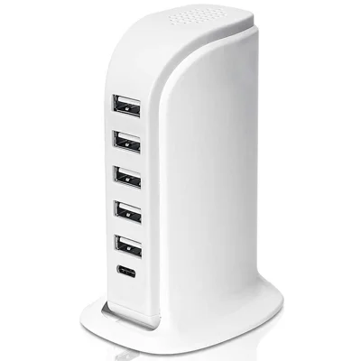 828 40W Multi-Port Charger Type-C + 5 USB-A Desktop Phone Fast Charging Station - White / US Plug