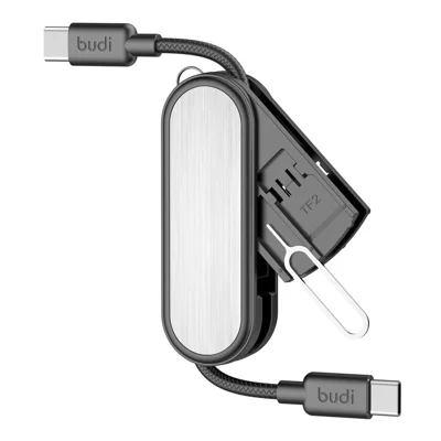 BUDI CP586TTB Multi-funktions USB-C til USB-C datakabelsæt, bærbar rejseopladerkabel med SIM/TF-kortpladser, værktøj udløsningsnål
