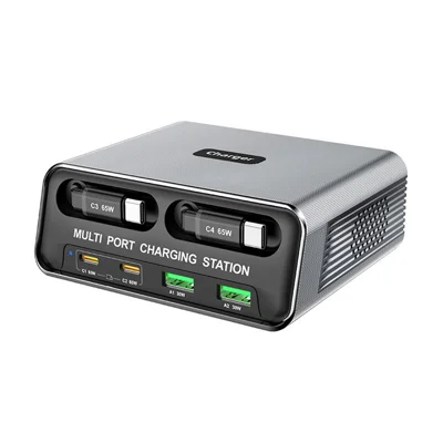 WLX-60C Multiport GaN-skriverladestander med 2 USB-C indbyggede kabler, PD 65W hurtiglader til tablets/telefoner/bærbare - EU-stik
