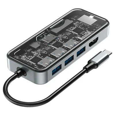 HC-87 10 in 1 USB C Hub Docking Station Gigabit Ethernet 4K HD PD 100W Charging Multi-Port Adapter - Transparent