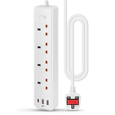 UN-104 UK Plug 4 Outlets 2 USB Ports 1 Type-C Port Power Strip 1700J Surge Protection 2500W Child Safety Power Socket for Home Office - White