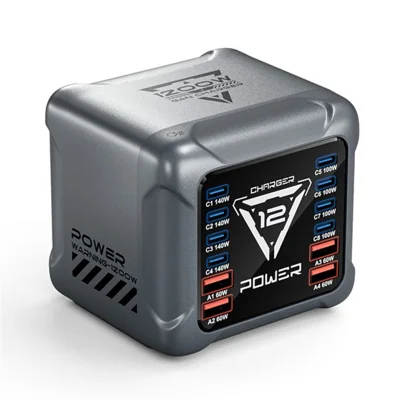 BK-127D 12-port GaN-skriver med 8 USB-C og 4 USB-A RGB-lys 140 W hurtigopladning - EU-stik