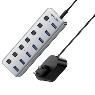 ESSAGER 7in1 USB 3.0 Expansion Hub 7 Ports 5Gbps Data Transfer Independent Switches - EU Plug