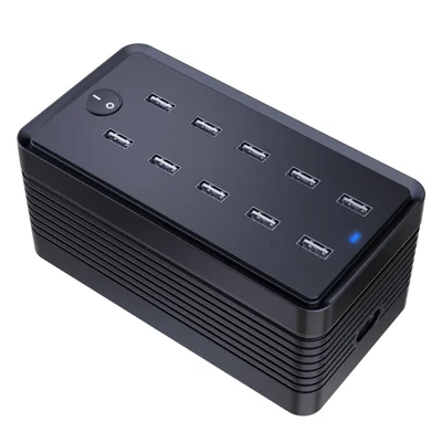 10-Port Desktop USB Charger, 10W Single Port Max, ABS + PC, Six-Fold Safety Protection for Home and Office - Black / EU Plug