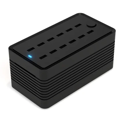 12-port skrivebords-USB-oplader, 10 W maks. pr. port, ABS + PC, seksdelt sikkerhedsbeskyttelse til hjemmet og kontoret - Sort / US-stik
