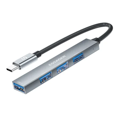 ESSAGER 4-in-1 USB Hub 4 USB2.0 Ports Splitter Tablet Laptop Aluminum Alloy Adapter - Type-C / Grey