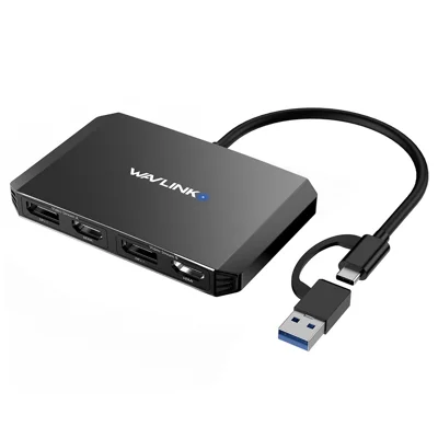 WAVLINK WL-UG69DH2 USB+Type-C to Dual 4K HD DisplayPort Dual Monitor Adapter Splitter - Black
