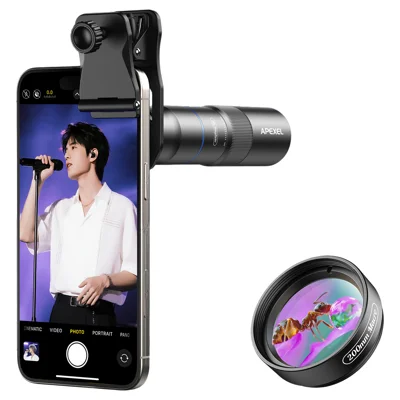 APEXEL APL-TM10 2 in 1 10X Telefoto + 10X Macro Lens Bevestigingskit voor Smartphonecamera - Zwart