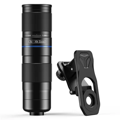 APEXEL APL-TM5-10X Telefonkamera-linssæt 5-10X optisk zoom telelinse med kapsler og klemme til koncertfotografering, dyrevagt - Sort
