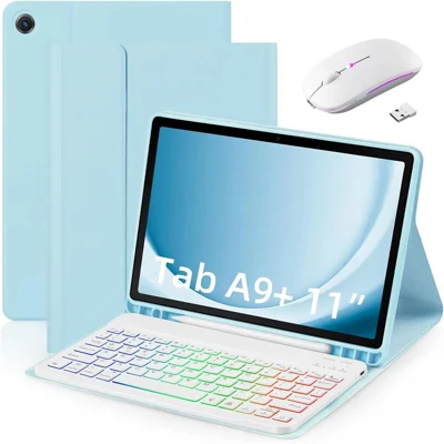 RGB-X210D For Samsung Galaxy Tab A9+ SM-X210 / X216 / X218 RGB Backlit Bluetooth-compatible Keyboard Leather Tablet Case + Wireless Mouse - Sky Blue