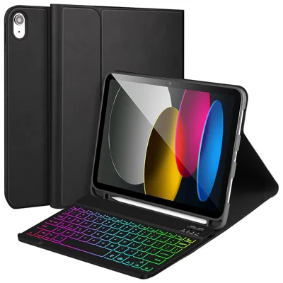 RGB-1099D til iPad (2025) / 10,9 (2022) Læderet Tablethylster med Stand + Bluetooth-kompatibel Tastatur med Tre-farvet Bagbelystning - Sort