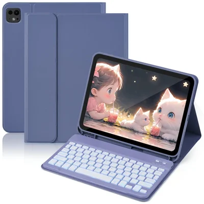 SK-1109A For iPad Pro 11 (2024) Tablet Case Leather Cover with BT Keyboard - Grey Blue
