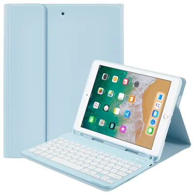 SK-9709D Leather Case For iPad 9.7-inch (2018) / (2017) / Air (2013) / Air 2 , Colorful Backlit Bluetooth-Compatible Keyboard - Sky Blue