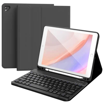 Skin Touch Leather Case for iPad Air 2 / Air (2013) / iPad 9.7-inch (2018) (2017) Bluetooth-compatible Keyboard Stand Cover - Black