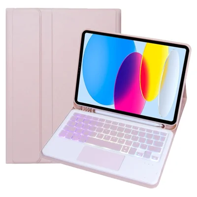 A10B-AS For iPad (2025) / 10.9 (2022) Pen Slot Design Leather Tablet Case + Backlit Bluetooth-Compatible Keyboard with Touchpad - Pink