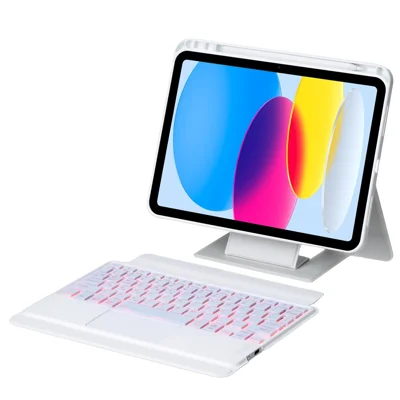 For iPad (2025) / iPad 10.9 (2022) Detachable Bluetooth-compatible Keyboard Stand Case with Touchpad and Backlit - White