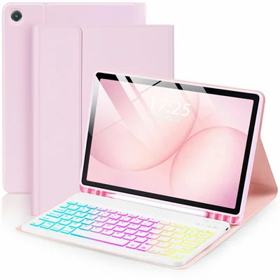 For Samsung Galaxy Tab A9+ / A11+ Bluetooth-compatible Keyboard Case with 7-Color Backlit and Pencil Slot - Pink
