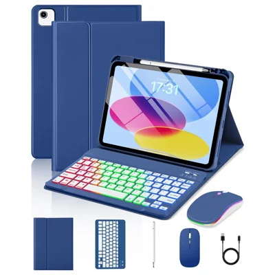 HR-1109 For iPad Air 11 (2026) / (2025) / (2024) / Air (2022) / (2020) / iPad Pro 11 (2022) / (2021) / (2020) / (2018) Magnetic Detachable Keyboard Case with Wireless Mouse and Stylus - Navy Blue