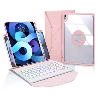 Z098BS For iPad Air (2020)/(2022) Detachable Bluetooth-compatible Keyboard with 3-Color Backlit Protective Cover Anti-Drop Tablet Case with Pencil Slot - Pink