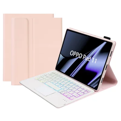 OP11-AS For Oppo Pad 11-inch PU Leather Protective Case + Detachable Bluetooth-compatible Keyboard with 3-Color Backlit  / TouchPad - Pink