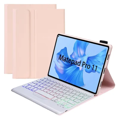 AHW12-BS For Huawei MatePad Pro 11 (2022) Leather Stand Cover Protective Case with Detachable Tri-color Backlight Bluetooth-compatible Keyboard - Pink