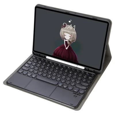 YT07B-A для iPad Air (2013) / Air 2 / iPad 9,7 дюйма (2017) / (2018) / iPad Pro 9,7 дюйма (2016) с TouchPad, клавиатура с Bluetooth, ударопрочный чехол-подставка с отсеком для ручки — черный