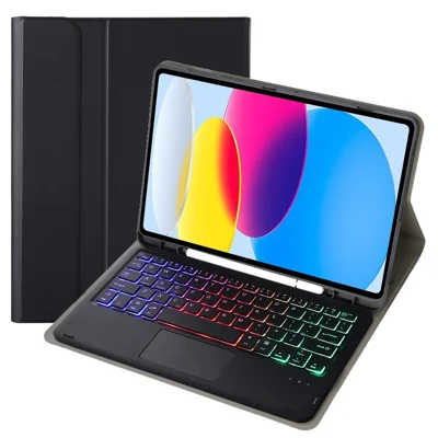 A10B-AS for iPad (2025) / 10.9 (2022) Leather + TPU Tablet Foldable Stand Cover with Touchpad Bluetooth-Compatible Keyboard - Black