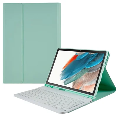 SK-X205 For Samsung Galaxy Tab A8 10.5 (2021) X205 / X200 Keyboard Case Detachable Wireless Bluetooth-compatible 7-Color Backlit Keyboard with PU Leather Folio Stand Cover - Mint Green