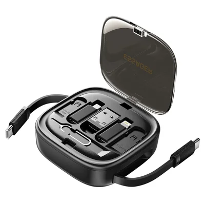 ESSAGER Cabo Integrado Adaptador USB-C Kit Cabo de Carregamento Case Conversor Contém Slot para Cartão Suporte de Telefone Design para Viagem - Preto