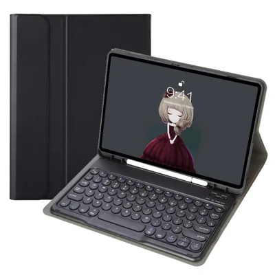 Y09B For Samsung Galaxy Tab A9+ X210 X215 X216 Stand Leather Cover + Round Cap Bluetooth-compatible Keyboard Pen Slot - Black