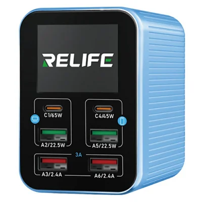 RELIFE Q4 Smart 6-poorts snellader 72W Dual PD / Dual QC TFT HD-kleurenscherm Slimme slaapstand voor thuis / kantoorgebruik - Blauw / EU-stekker