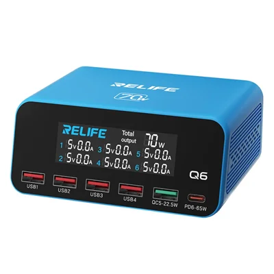 Chargeur Intelligent RELIFE Q6 70W 6 Ports PD+QC 65W Type-C, Outil de Chargement Rapide - Prise UE