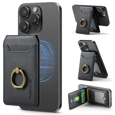 MAGKING K1 Porte-cartes magnétique avec support intégré et anneau intégré, portefeuille pour téléphone portable avec blocage RFID - Noir