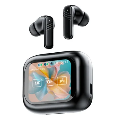 LX-10 Bluetooth-compatible Earbuds ANC + ENC Noise Cancellation Earbuds with Full Color Touch Screen Charging Case - Black
