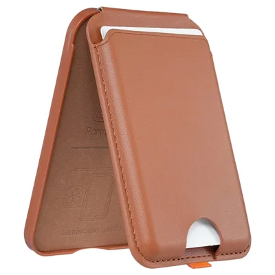 Magnetic Phone Card Holder Kickstand with Folding Hinge Cell Phone Card Bag - Brown