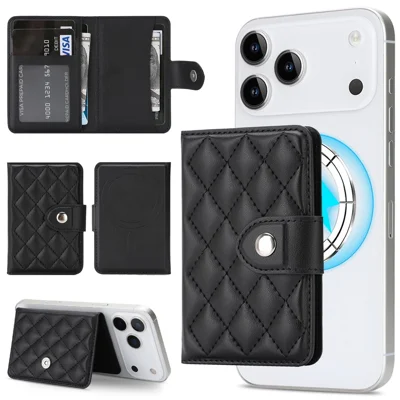 Magnetic Card Holder Wallet for iPhone 17 / 16 / 15 / 14 / 13 / 12 Series PU Leather Foldable Phone Kickstand - Black