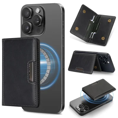 Magnetic Card Slots Holder PU Leather Wallet Sleeve Attachment Phone Stand - Black