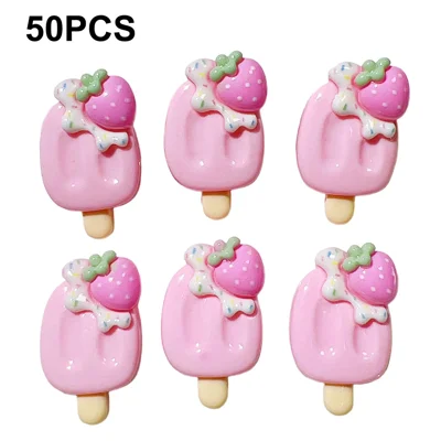 50 Stück DIY-Eis-Popsicle-Anhänger Erdbeer-PC-Dekorationen für Handyhülle, Haarschmuck - Rosa