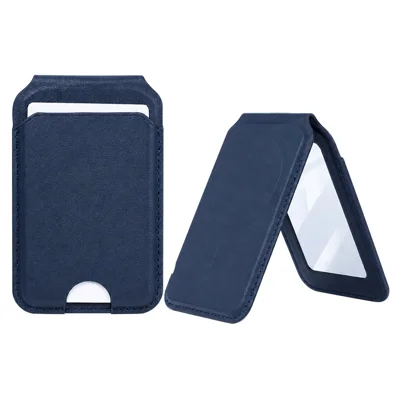PU Leather Magnetic Wallet 3-Card Storage Built-in Mirror Foldable Phone Stand with Magnetic Sheet - Dark Blue