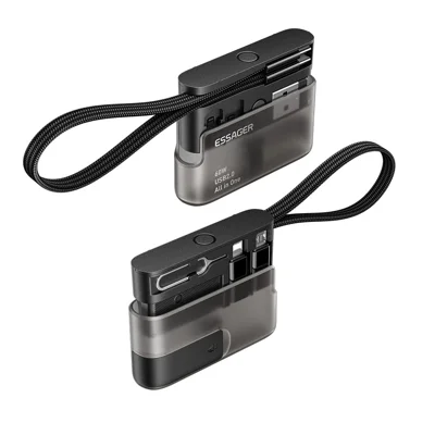 ESSAGER ES-OTG40 zestaw adapterów 6-w-1 z kablem szybkiego ładowania 60 W, zestaw do przechowywania kart SIM i uchwyt do telefonu – czarny
