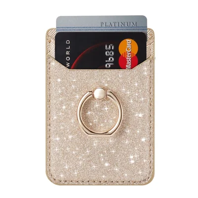 MUXMA MX112 Suporte para Cartão de Telefone com Bloqueio RFID Brilhante Bling Couro PU Slot de Cartão com Anel - Dourado