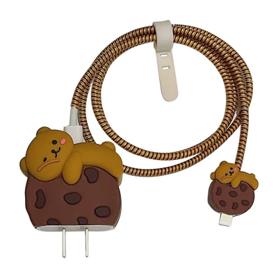 Funda protectora de estilo de dibujos animados para el cargador de iPhone 18W / 20W Bloque de silicona Juego de carcasa con cable de carga - Cookie Bear