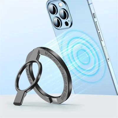 Foldable Magnetic Kickstand Zinc Alloy Phone Finger Ring Holder Stand - Black