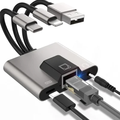 NK-1056S iP / USB-A / Type-C 3-in-1 Ethernet Adapter with 3.5mm Audio Jack for Windows / Mac OS / Phone / Pad