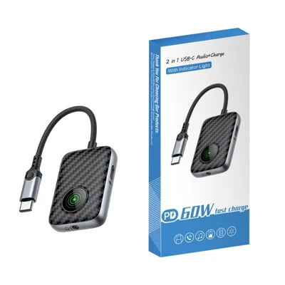 2-in-1 Typ-C-Adapterkabel 60 W Schnellladen Hi-Fi-Sound Carbon-Audio-Converter – Typ-C+3,5 mm/ZC4315