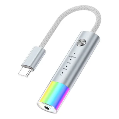 MH657B Type-C to 3.5mm Audio Adapter 4 Sound Modes In-line Control HiFi Sound Converter with RGB Light - Silver Gray