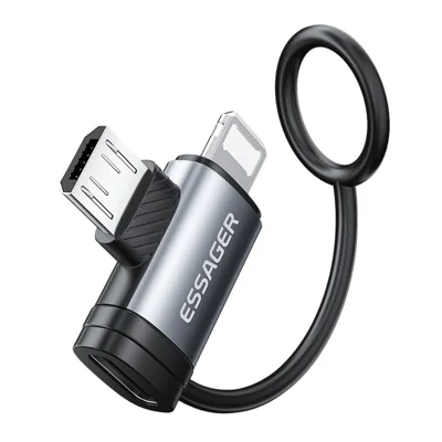 Adaptador ESSAGER 2 en 1 Tipo C hembra a iP (5-14) macho + Micro USB macho, cable adaptador conversor con carga rápida de 3 A