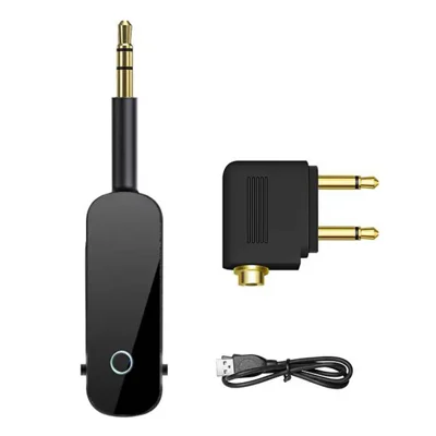 COTECI MS-016 2 في 1 جهاز إرسال واستقبال بلوتوث 5.3، مفتاح صوتي لاسلكي بمنفذ 3.5 مم مع محول سفر للطائرات - أسود